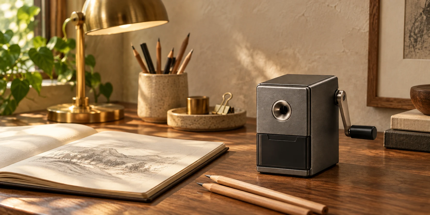 Kynextic manual pencil sharpener on a thoughtful drawing desk